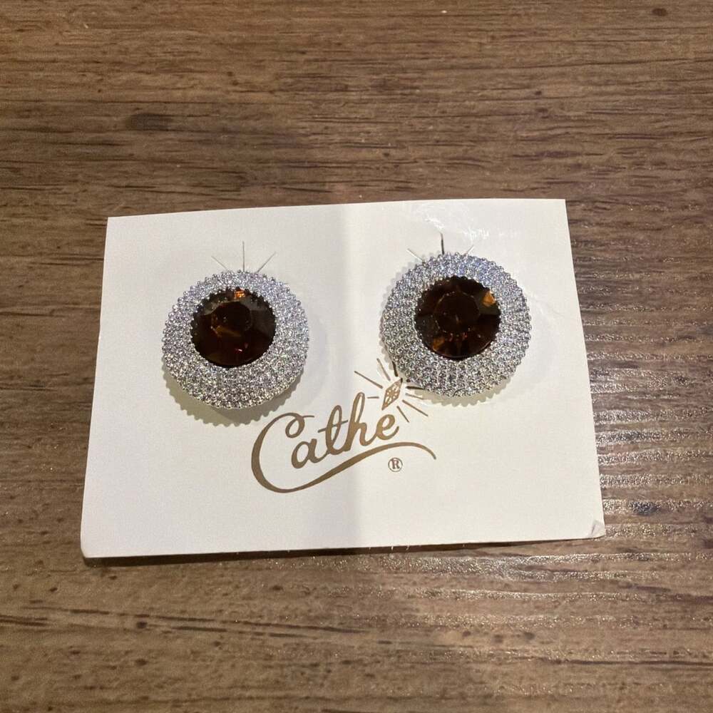 VTG Cathe Faceted Large Topaz Rhinestone Clip On Earrings Silver Metal Chocolate
